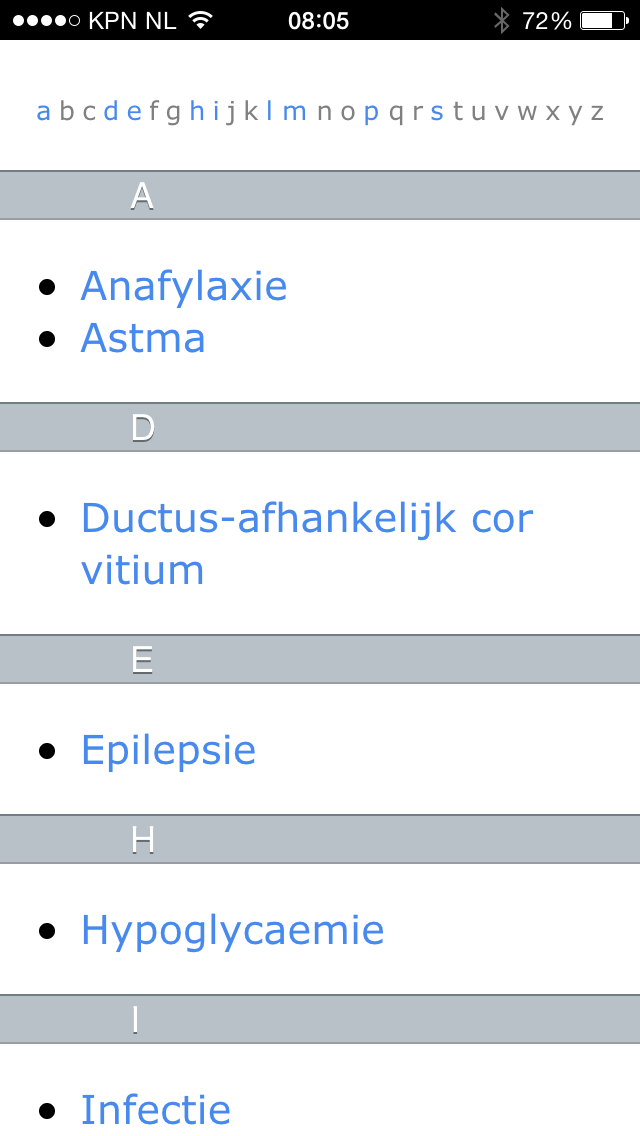 screenshot alfabetische lijst van aandoeningen