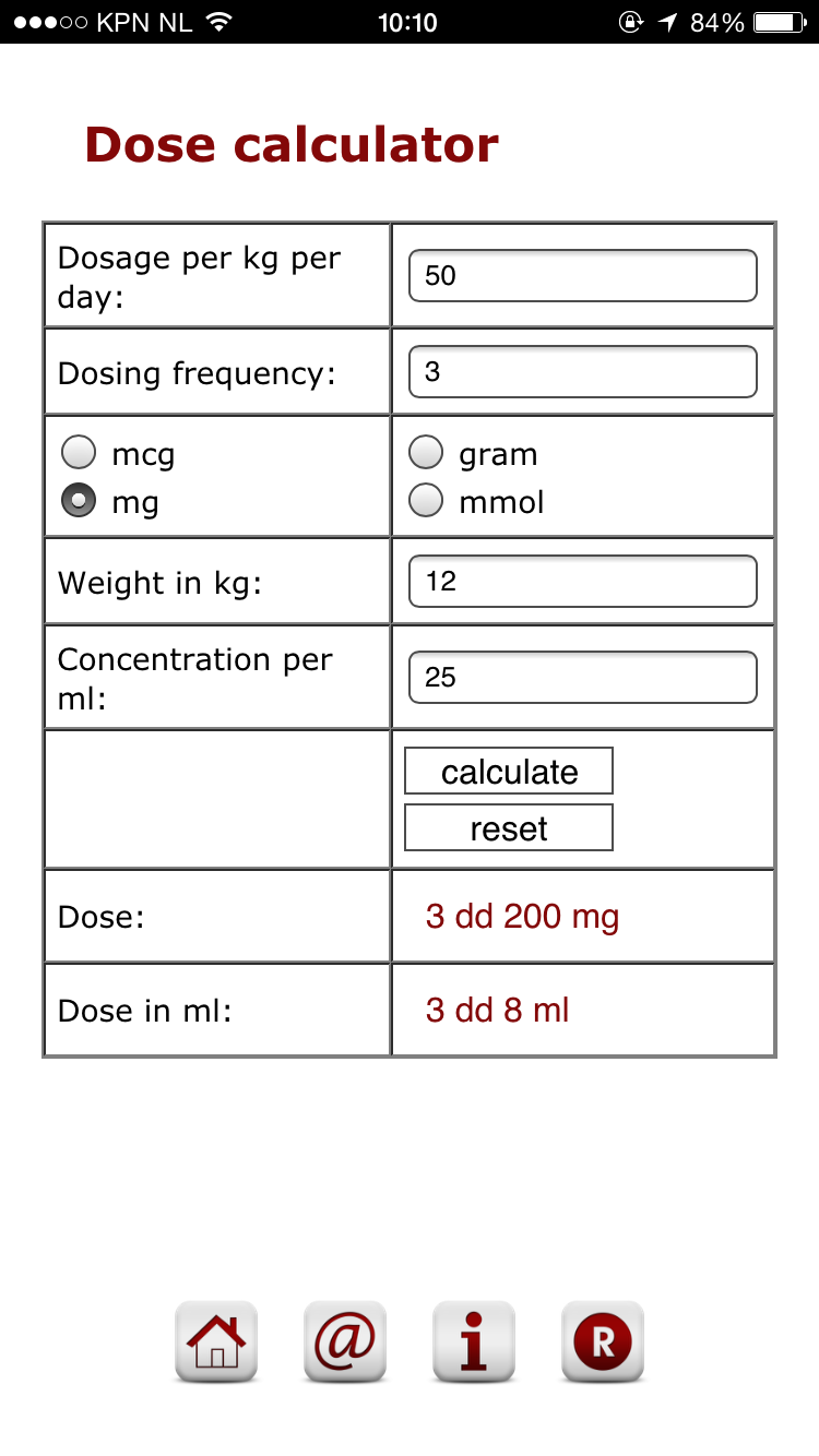 a screen shot of the dose calculator app