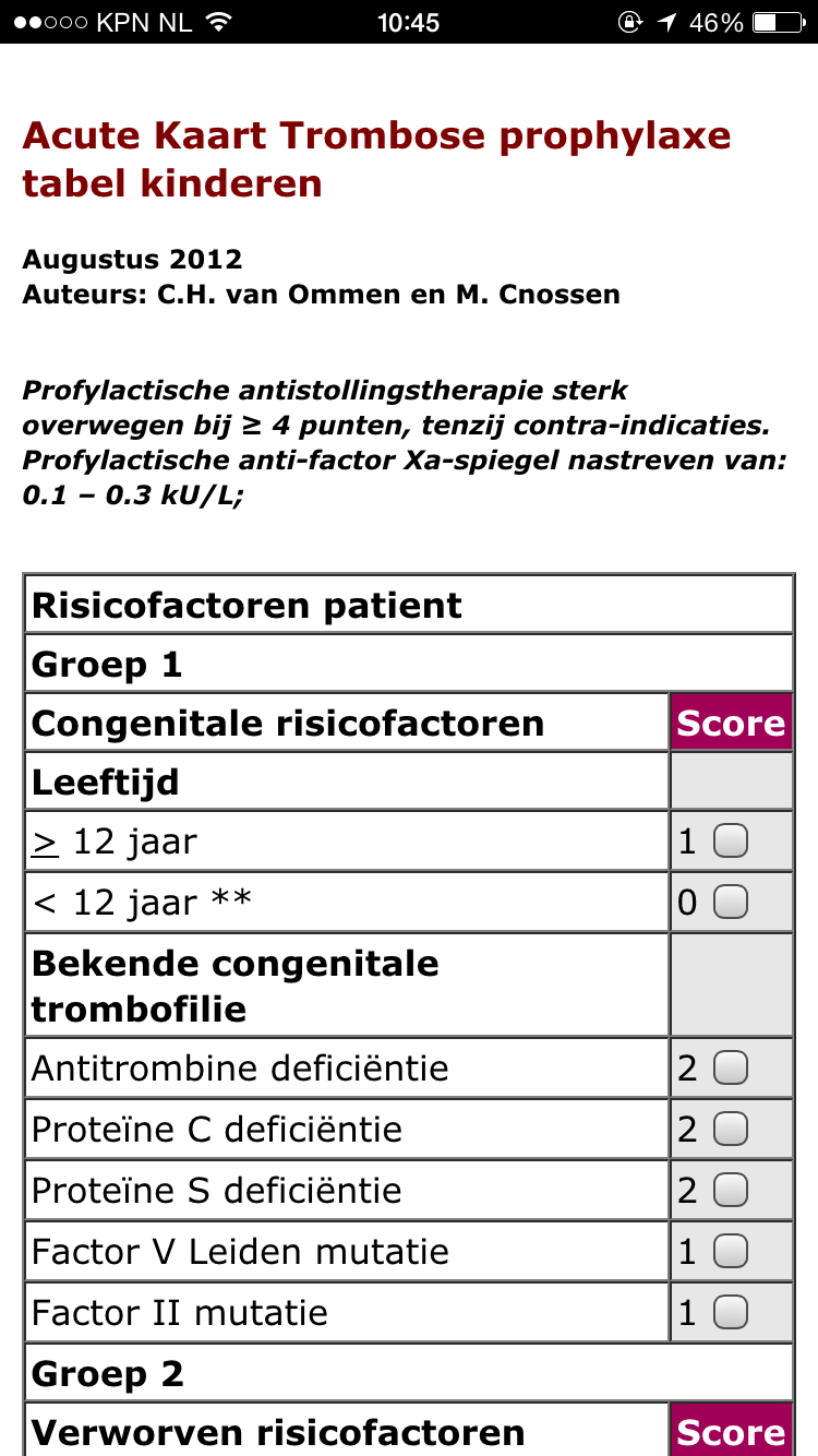 screenshot acute kaart trombose app werkboek hematologie