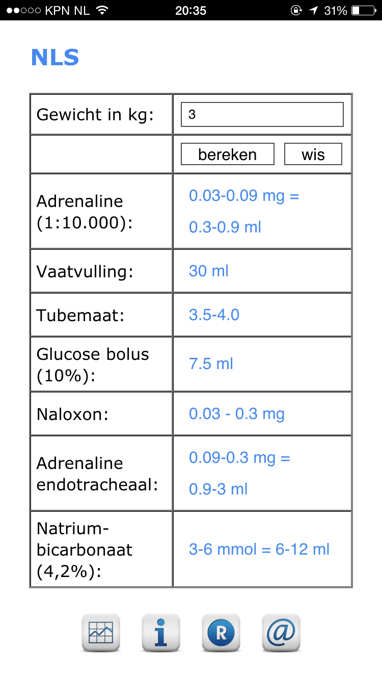 Screenshot NLS app - berekeningen doseringen op basis van gewicht