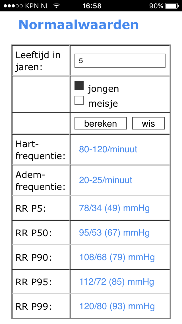 Zoek op leeftijd en geslacht - screenshot normaalwaarden vitale parameters in de kindergeneeskunde