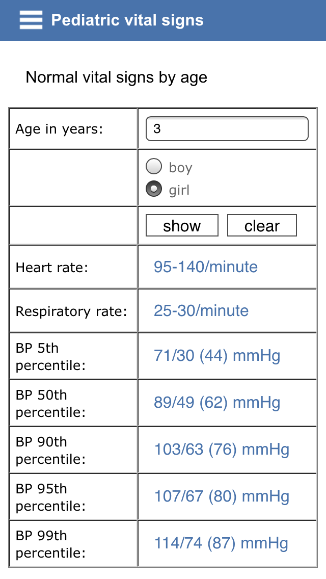 a screenshot of the pediatric vital signs app