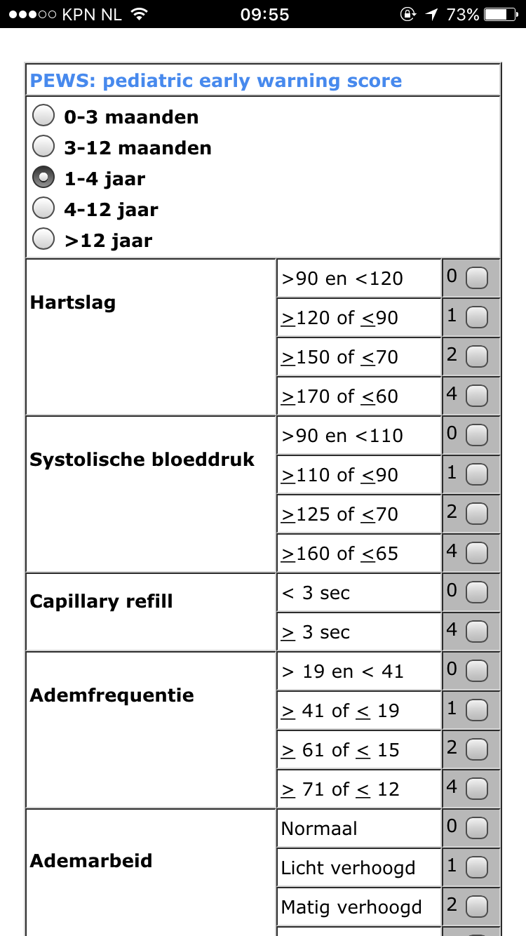 screenshot PEWS - pediatric early warning score