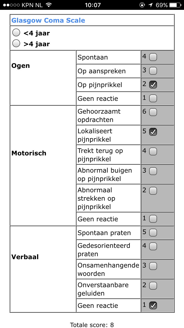 Glasgow Coma Scale, adaptief voor jonger of ouder dan 4 jaar