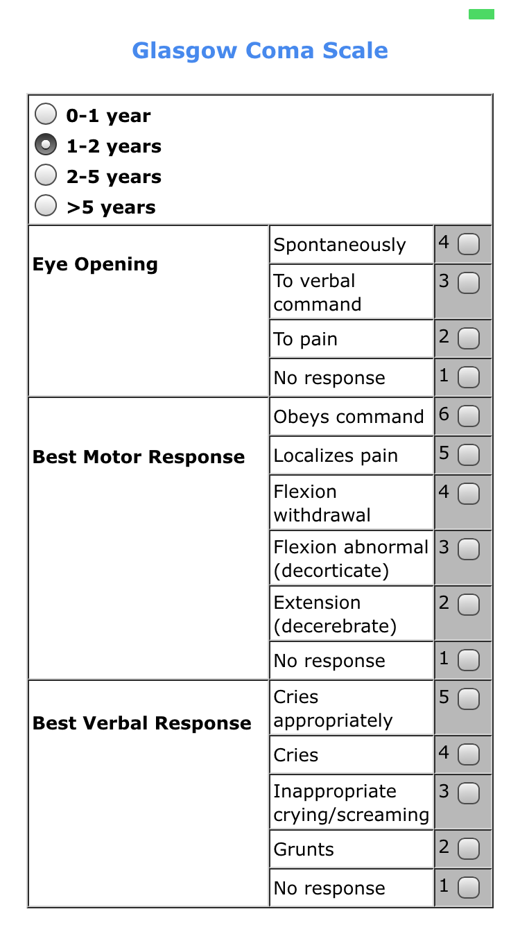 another screenshot of the Pediatric scores app